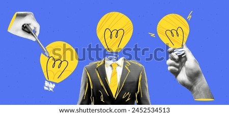 Creative collage concepts set: Man with a light bulb head in a pop art style, featuring blue and yellow grunge textures and dadaism elements. Hand-drawn doodles and cut-out paper 