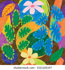 Creative collage contemporary floral seamless pattern. Fashionable template for design. Abstract background with leaves and shapes for printing on t-shirts, Wallpaper, wrappers.
