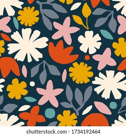 Creative collage contemporary floral seamless pattern. Fashionable template for design. Bright cut out floral shapes seamless pattern on blue background.