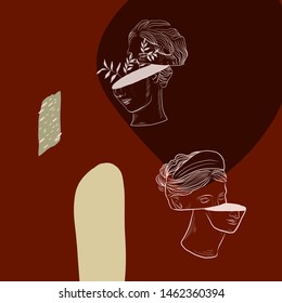 Creative collage with contemporary scribbles and antique marble roman and greek statue of female head with branch in surreal style. 