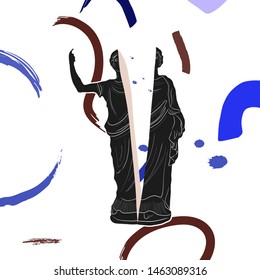 Creative collage with contemporary scribbles and antique marble roman and greek statue of goddess. 