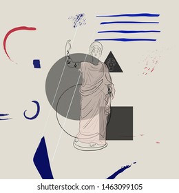 Creative collage with contemporary scribbles and antique marble roman and greek statue of goddess with tattoo. 