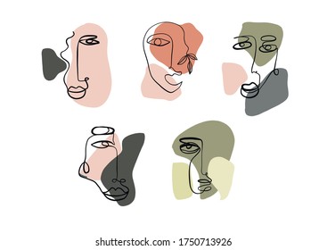 Creative collage with contemporary shapes and cubism faces. Hand drawn simple minimalism beauty logo. Continuous line drawing. Vintage trendy design for poster, flyer, print, card. t-shirt. 