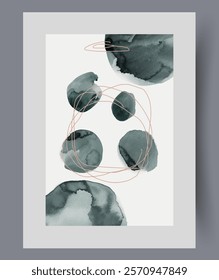 Creative collage with dark watercolor spots in shape of circles on white poster. Interior creative work in Nordic style, for exhibition of museum of contemporary art from talented artists.