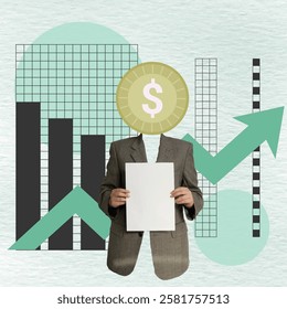 A creative collage featuring a businessman with a dollar coin for a head, displaying a blank sheet against background financial graphs, ideal for finance and investment presentations.