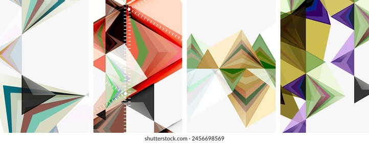 A creative collage featuring four differently colored triangles arranged on a white background. This geometric art piece showcases a modern and vibrant design