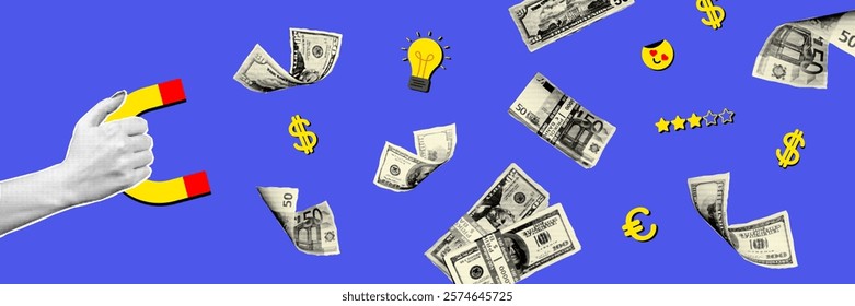 Creative collage featuring a hand holding a magnet attracting money bills, light bulbs, and fun symbols against a vibrant blue background.