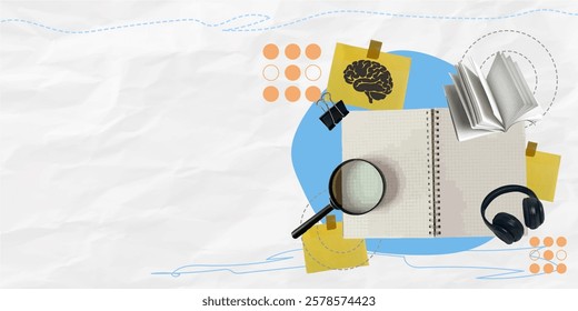 A creative collage featuring an open notebook, headphones, a magnifying glass, and a brain graphic, representing study and knowledge, ideal for educational and learning projects.