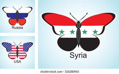 Creative collage with the flags of Syria, Russia and the USA in the form of butterflies, symbolizing the complex relationships between these countries
