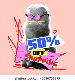 Creative collage with halftone effects, paper cutouts and scribble on the theme of sales. A funny pet in round glasses holds a package in its paws. Special offer, discounts, sale.