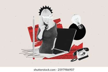 Creative collage with halftone. Elements girl, laptop, brainstorming imagination and intelligence, innovation and technology in vector art.