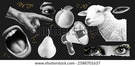 Creative collage of halftone objects and icons for trendy pop art designs