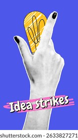 Creative collage of hand with halftone effect holding light bulb symbolizing ideas and inspiration for innovation in design and art.