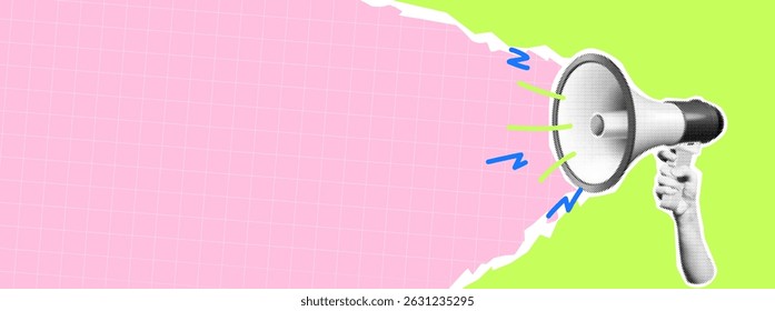 Creative collage of hand holding megaphone on a vibrant pink and green backdrop. Retro pop art style with abstract elements for dynamic announcement concepts.