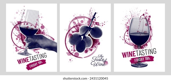 Collage creativo con mano y copa de vino con manchas de vino tinto. Ilustración vectorial. Estilo retro	