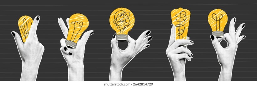 Creative collage of hands holding light bulbs depicting the flow of ideas and innovation in a modern artistic representation.