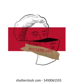 Creative collage. Head of marble goddess. Modern art. Linear woman vector. 