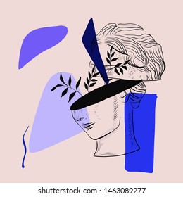 Creative collage with leaves,  contemporary scribbles and antique marble roman and greek statue of female head. 