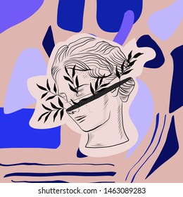 Creative collage with leaves,  contemporary scribbles and antique marble roman and greek statue of female head. 