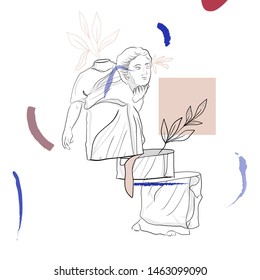 Creative collage with leaves, contemporary scribbles and antique marble roman and greek statue of goddess in modern surreal style