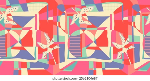 Creative collage modern abstract tropic floral seamless pattern with geometric modern colorful shapes