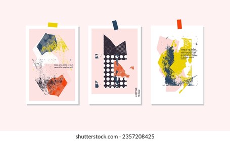 Creative collage poster set with different textures and shapes. Trendy graphic design.  Vector illustration, print, postcard