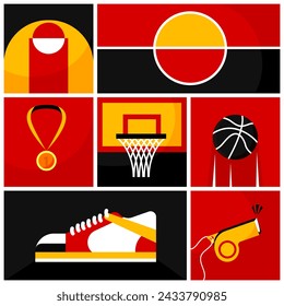 Collage creativo. Conjunto de artículos de baloncesto en colores rojo, negro y amarillo - bola, zapatillas, canasta, medalla, silbato. Concepto de atributos deportivos, juego, competición y torneo. Póster, banner y anuncio