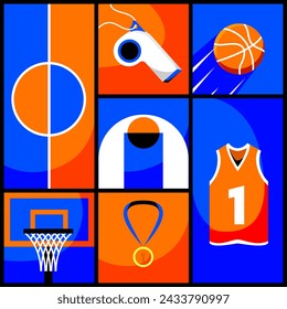 Collage creativo. Conjunto de artículos de baloncesto en colores azul y naranja - bola, zapatillas, canasta, medalla, silbato. Concepto de atributos deportivos, juego, competición y torneo. Póster, banner y anuncio