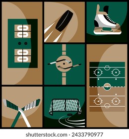 Creative collage. Set of hockey game items in green and brown colors - skates, ice rink, stick and puck, scoreboard. Concept of sport attributes, game, competition and tournament. Poster, banner, ad