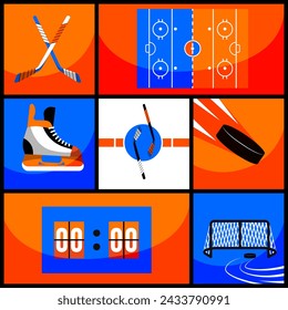 Collage creativo. Conjunto de artículos de juego de hockey en colores azul y naranja - patines, pista de hielo, palo y disco, marcador. Concepto de atributos deportivos, juego, competición y torneo. Póster, banner y anuncio