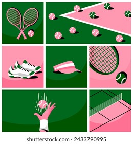 Collage creativo. Conjunto de artículos de juego de tenis en colores verde y rosa - raqueta, bolas, zapatillas de deporte, gorra, cancha con red. Concepto de atributos deportivos, juego, competición y torneo. Póster, banner y anuncio