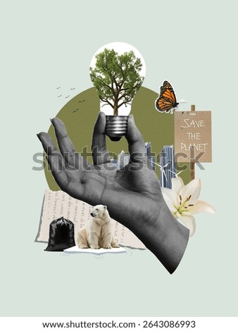 A creative collage showcasing environmental awareness with a hand holding a light bulb tree symbolizing sustainability.