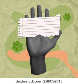 A creative collage showcasing a hand holding a torn notepad surrounded by clovers, inviting festive messages and captures the spirit of Saint Patrick's Day.