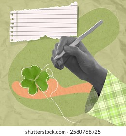 A creative collage showcasing a hand holding a torn notepad surrounded by clovers, inviting festive messages and captures the spirit of Saint Patrick's Day.