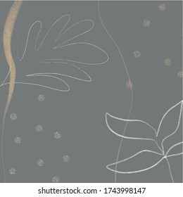 Creative collage of template with leaves. Abstract composition for mobile story with scribble, linear botanical elements of leaves. Minimal shapes. Background in pastel colors. 