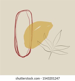 Creative collage template with leaves, contemporary scribble and shapes. Design for social media post and promotion in hand painted abstract modern trendy style. Event template, print for stationery. 