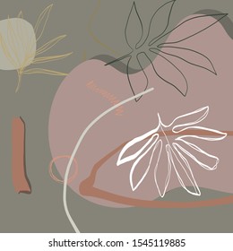 Creative collage template with leaves, contemporary scribble and shapes. Design for social media post and promotion in hand painted abstract modern trendy style. Event template, print for stationery. 