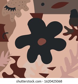 Creative collage template with leaves, contemporary scribble and shapes. Design for social media post and promotion in hand painted abstract modern trendy style. Event template, print for stationery. 