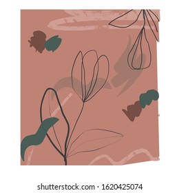 Creative collage template with leaves, contemporary scribble and shapes. Design for social media post and promotion in hand painted abstract modern trendy style. Event template, print for stationery. 