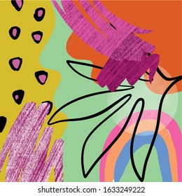 Creative collage template with leaves. Collage contemporary scribble. Texture with abstract hand painted shapes. Design for social media stories, poster, flyer, wall art decor in scandinavian style.