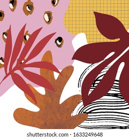 Creative collage template with leaves. Collage contemporary scribble. Texture with abstract hand painted shapes. Design for social media stories, poster, flyer, wall art decor in scandinavian style.