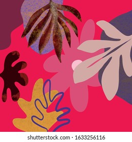Creative collage template with leaves. Collage contemporary scribble. Texture with abstract hand painted shapes. Design for social media stories, poster, flyer, wall art decor in scandinavian style.