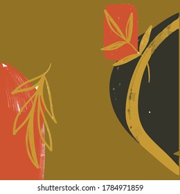 Plantilla de collage creativo con hojas. Sencillo marco de medios sociales para promoción. Formas abstractas contemporáneas y garabatos. Afiche sintético de estilo nórdico minimalista para decoración casera. 
