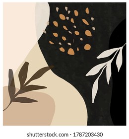 Creative collage template with leaves. Simple social print media frame for promotion. Contemporary abstract shapes and scribble. Abstract minimalist nordic poster for home decor. 
