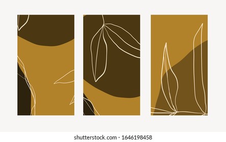 Creative collage templates with leaves for media frame. Set of simple social print for media frame. Creative minimal templates for story with abstract pastel colorful shapes, scribble. 