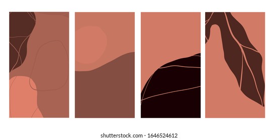 Creative collage templates with leaves for media frame. Set of simple social print for media frame. Creative minimal templates for story with abstract pastel colorful shapes, scribble. 