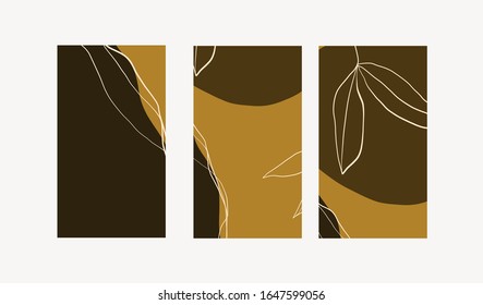 Creative collage templates with leaves for media frame. Set of simple social print for media frame. Creative minimal templates for story with abstract pastel colorful shapes, scribble. 
