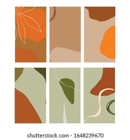Creative collage templates with leaves for media frame. Set of simple social print for media frame. Creative minimal templates for story with abstract pastel colorful shapes, scribble. 
