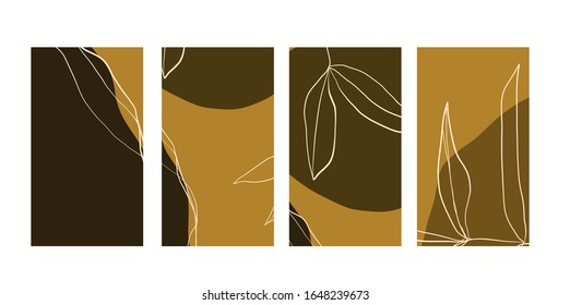 Creative collage templates with leaves for media frame. Set of simple social print for media frame. Creative minimal templates for story with abstract pastel colorful shapes, scribble. 
