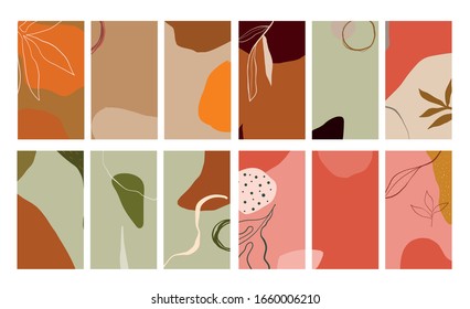 Creative collage templates with leaves for media frame. Set of simple social print for media frame. Creative minimal templates for story with abstract pastel colorful shapes, scribble. 
